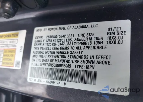 2021 Honda Pilot Awd Ex-L z USA, uszkodzony, nr VIN 5FNYF6H50MB053065